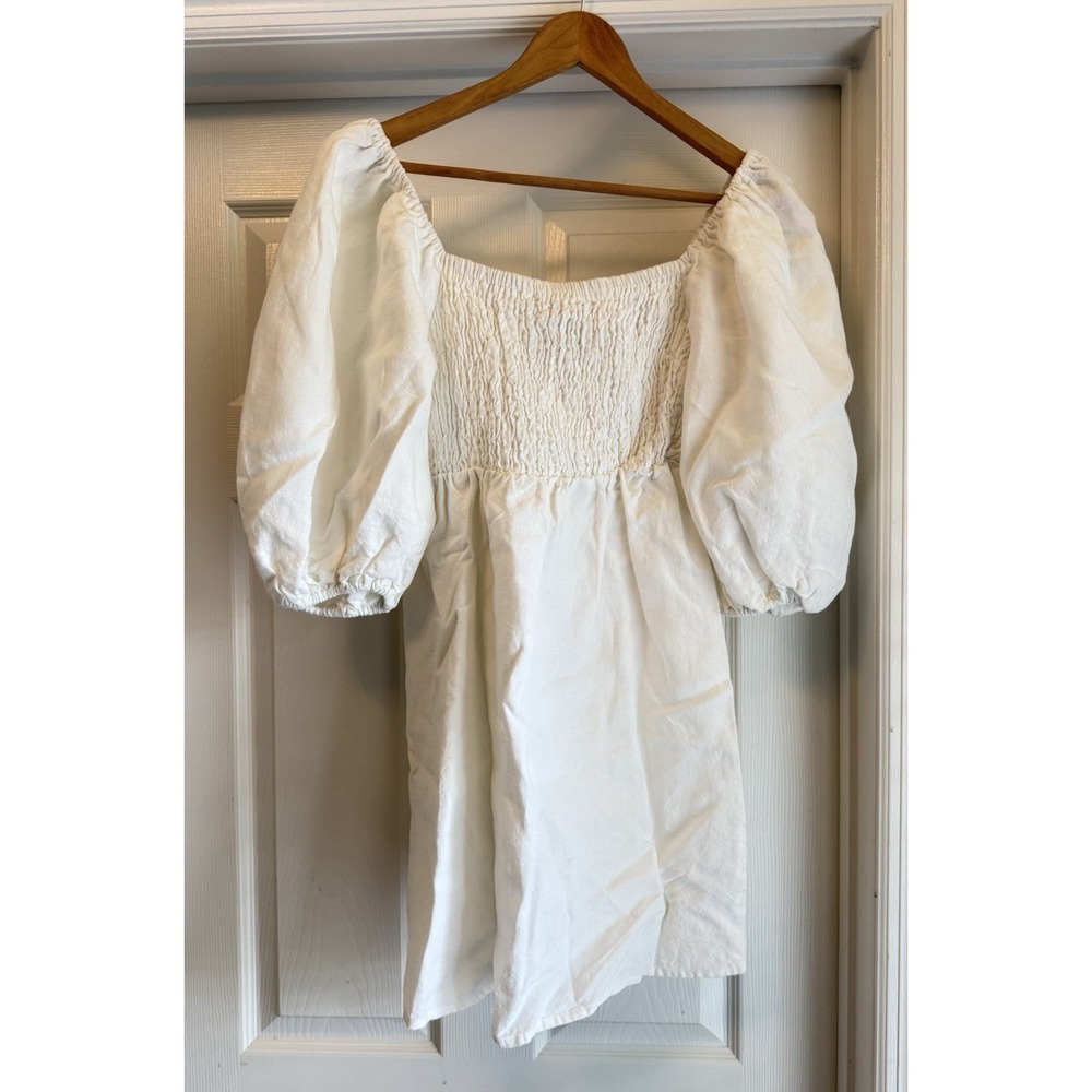 TUCKERNUCK White Linen Annie Smocked Mini Dress Puff Sleeve Women's Size Small S